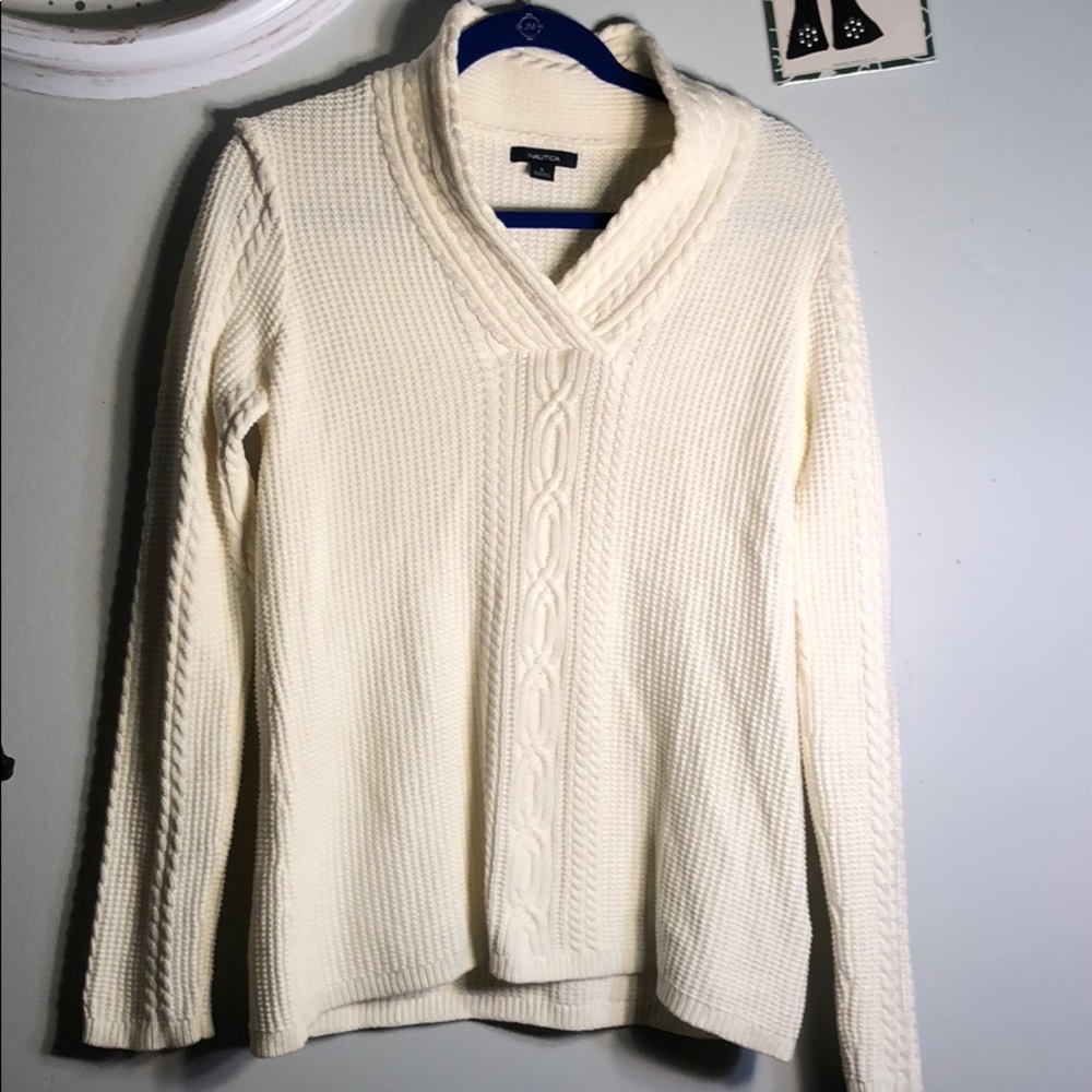 Nautica  Ivory Cotton Cable Knit Shawl Sweater